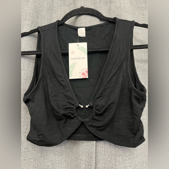 MakeMeChic Women's 2 Piece Outfits Deep V Neck Crop Tank Top Cutout Flare Pants - Picture 7 of 8